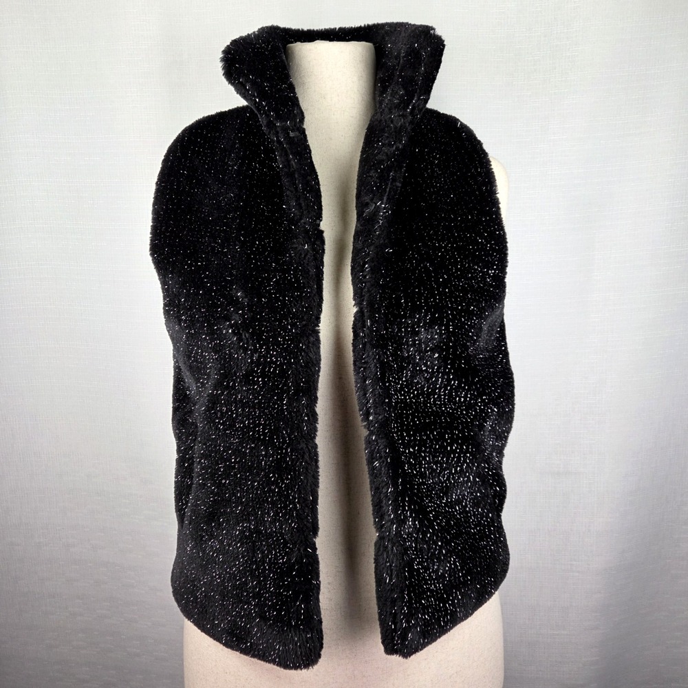 Betsey Johnson Black Faux Fur Fuzzy Vest Women's Small Silver Mob Wife Glam